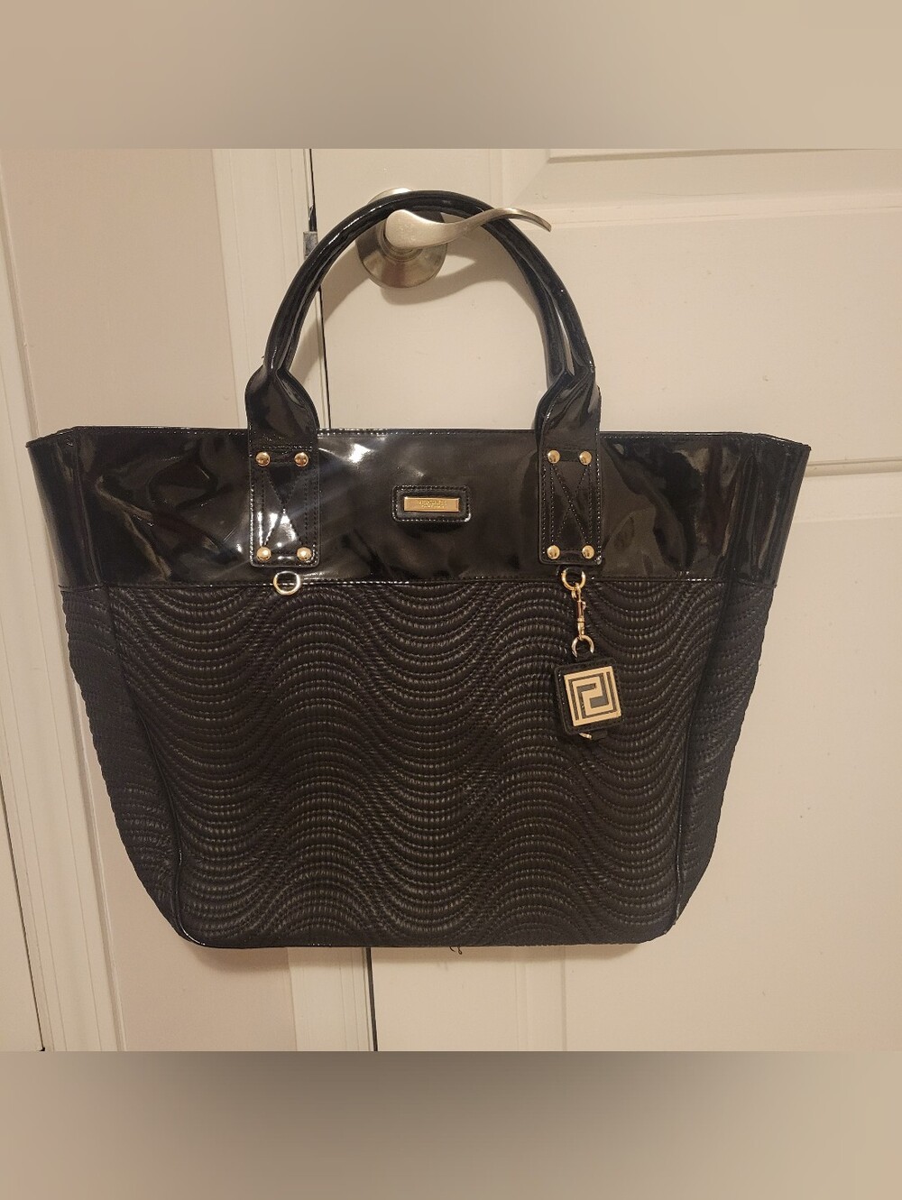 Versace Parfums Black Patent Leather Nylon Shoulder Tote Handbag Purse- vintage